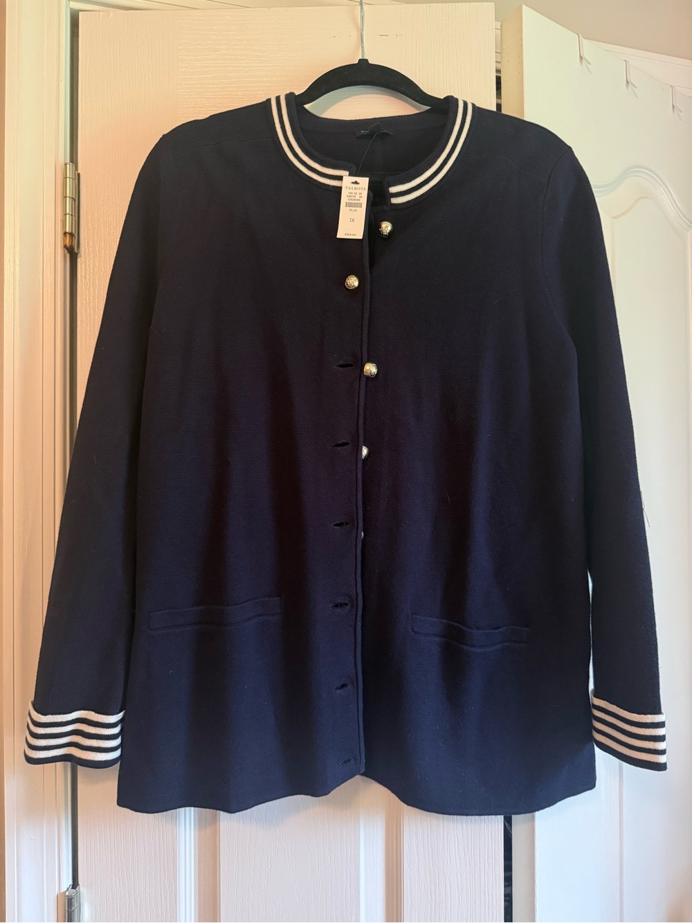 Talbots Navy Jacket with White Striped Trim and Gold Buttons